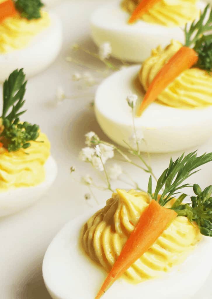 close up Keto Deviled Eggs on a counter top