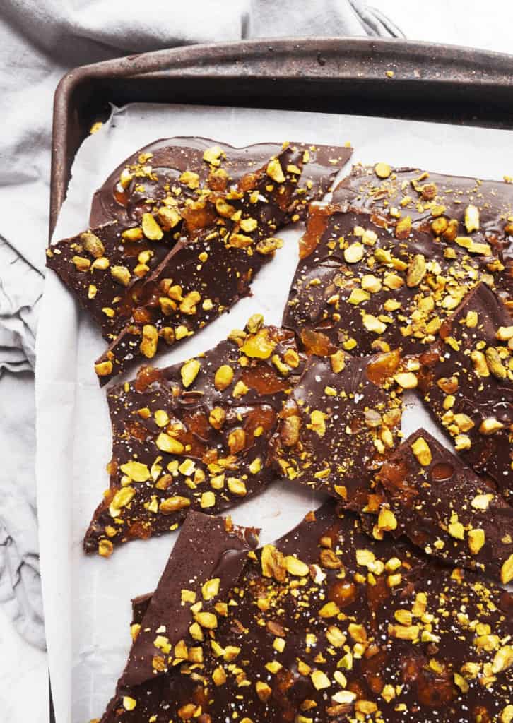 top down shot of Keto Apricot and Pistachio Dark Chocolate Bark