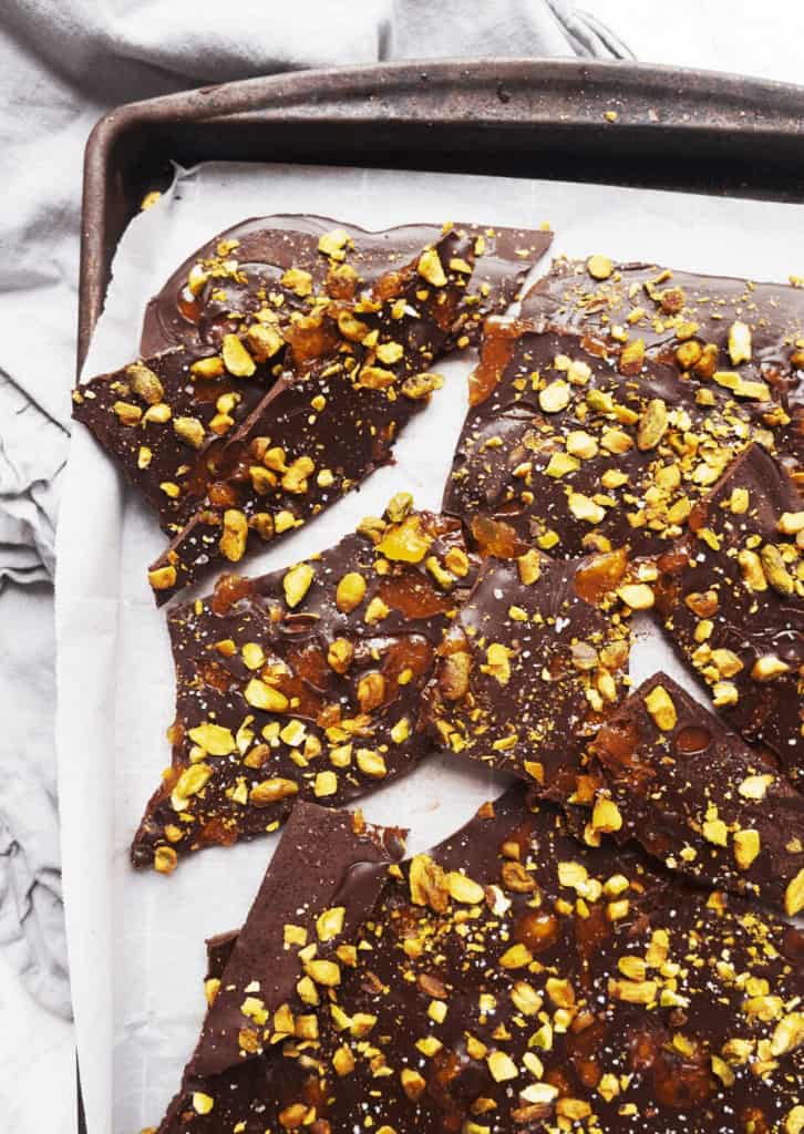 top down shot of Keto Apricot and Pistachio Dark Chocolate Bark 