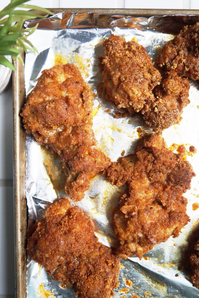 Overhead shot of fried chicken on a tray