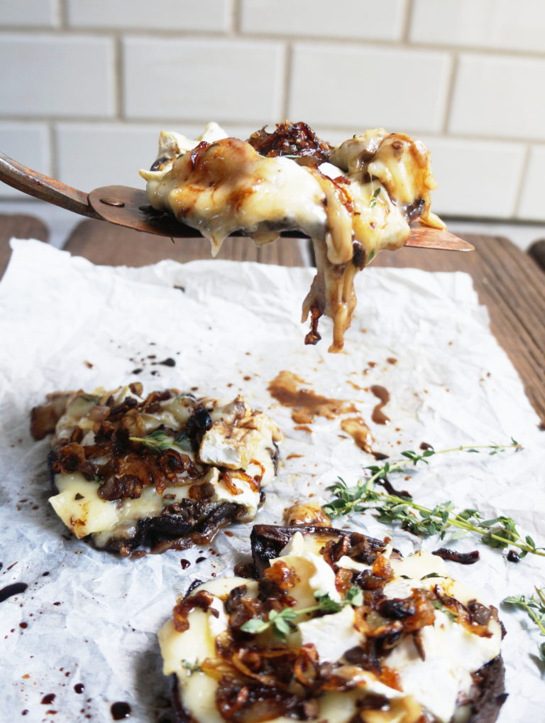 Keto Brie and Thyme Stuffed Portobello Mushrooms with Crisped Shallots