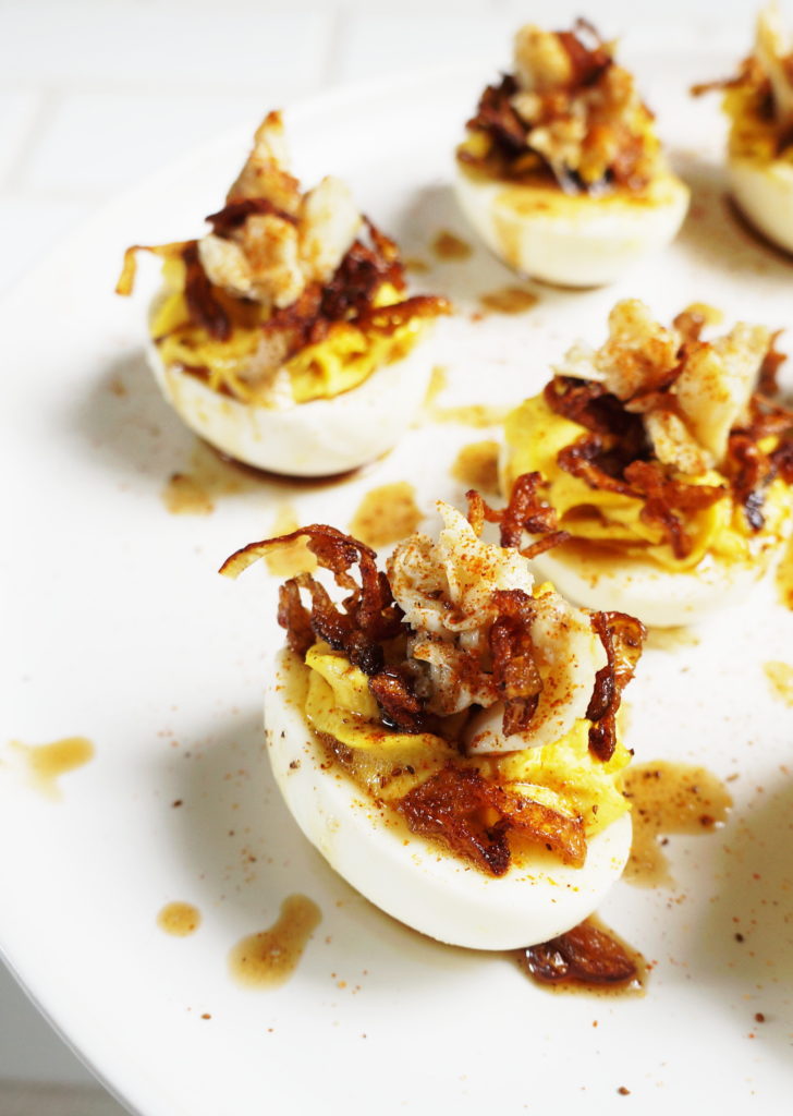 Keto Deviled Eggs with bacon topping