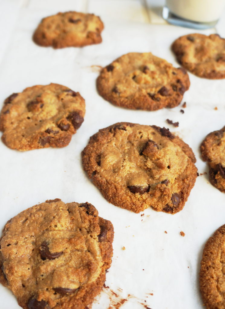 Keto Peanut Butter Chocolate Chip Cookies on a counter top