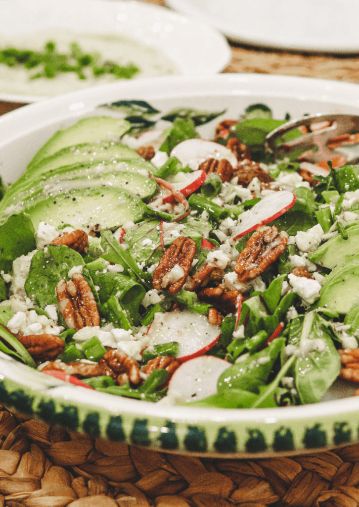 Keto Harvest Salad with Avocado and Pecans in a dish