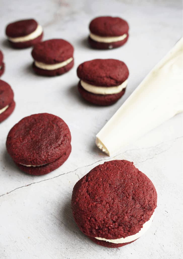 Keto Red Velvet Whoopie Pies on a counter top