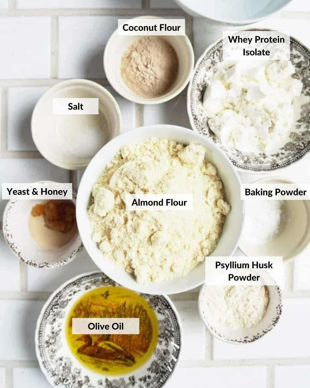 The pizza crust ingredients in bowls ready to use.