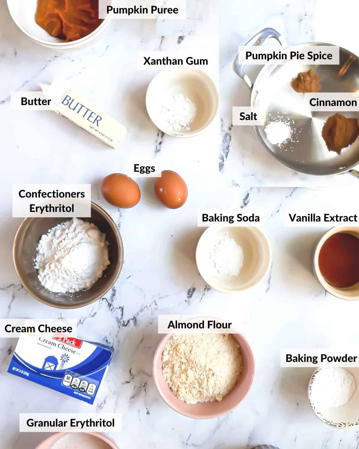 all the ingredients measured out in separate bowls on marble counter